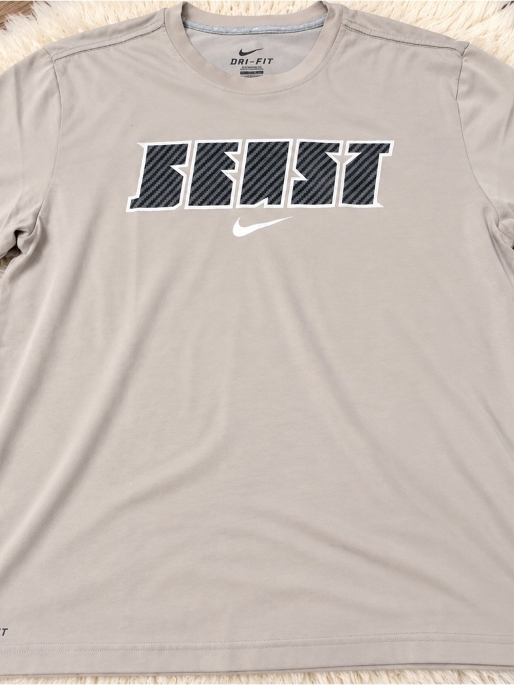 Nike Dri-FIT Short-Sleeve Tee in Taupe with Black 'BEAST' Graphic